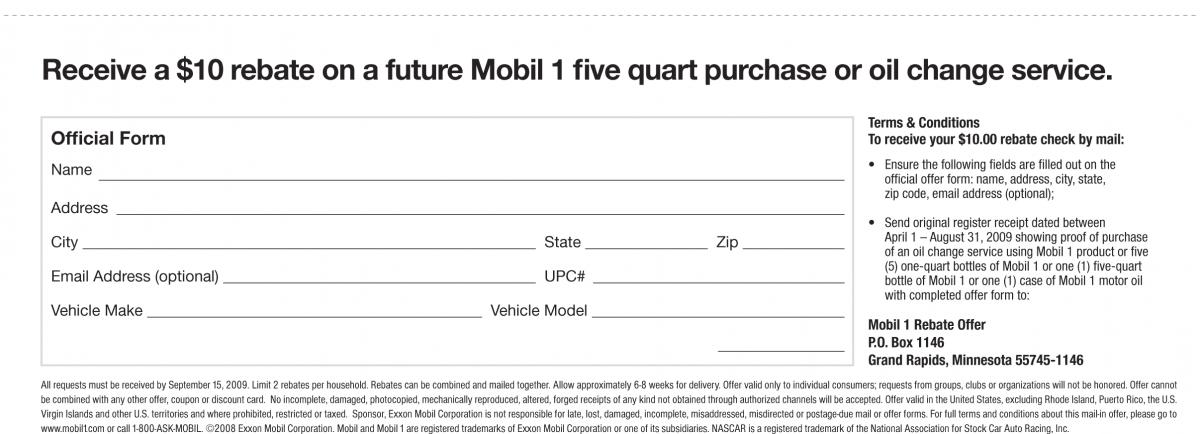 Mobil 1 Motor Oil Rebate Form